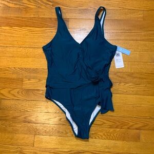 CUPSHE dark teal green One piece bra inserts side tie Swimsuit Size L